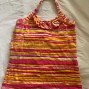 Girl’s Pink, Yellow & Orange Striped Halter Top with Rhinestones Size 10/12